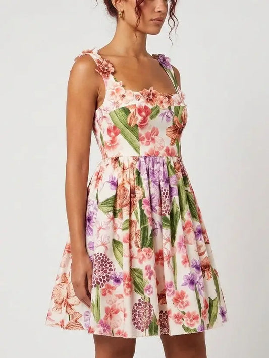 Floral Appliqué Print Fit and Flare Mini Dress - Dresses