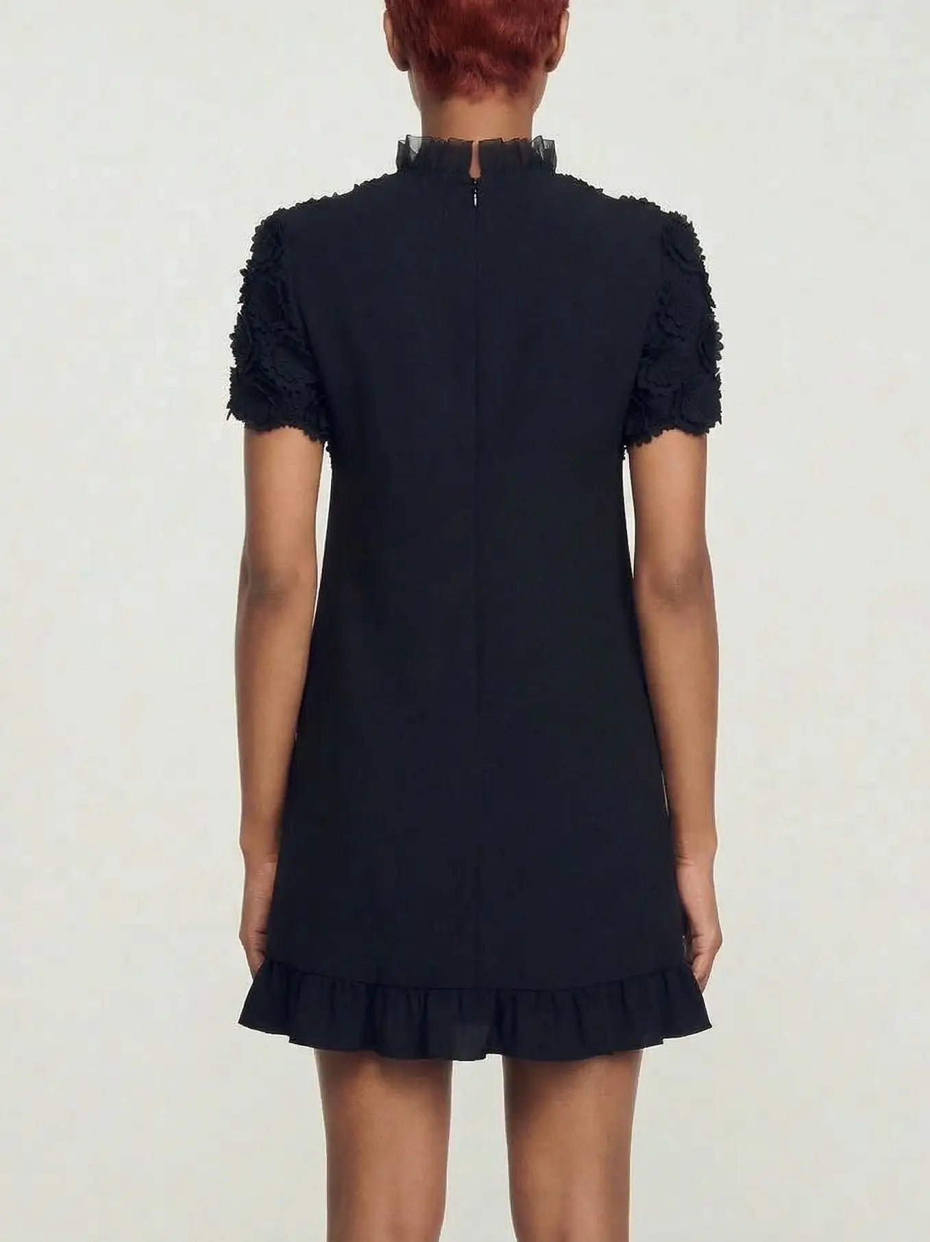 Floral Appliqué Sheer Yoke Mini Dress - Dresses