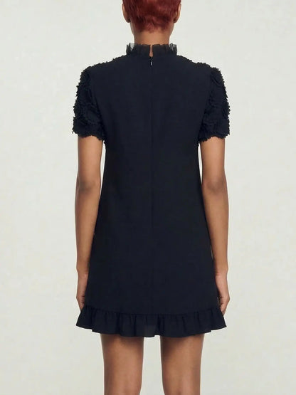 Floral Appliqué Sheer Yoke Mini Dress - Dresses