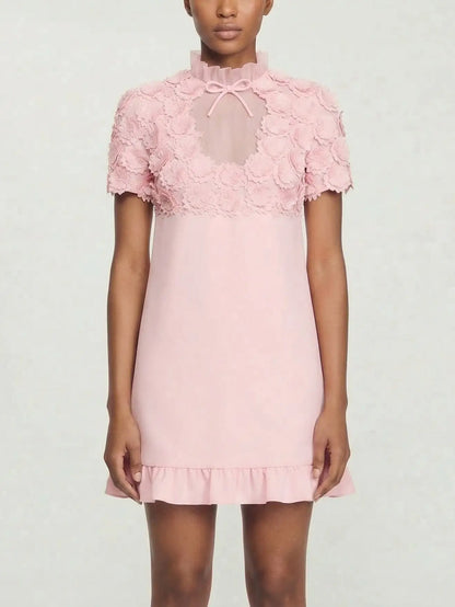 Floral Appliqué Sheer Yoke Mini Dress - S / Pink - Dresses