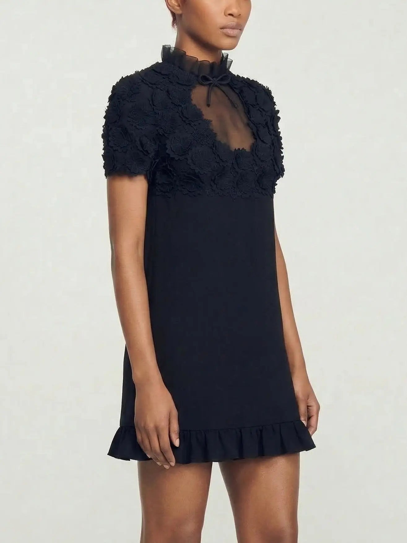 Floral Appliqué Sheer Yoke Mini Dress - Dresses