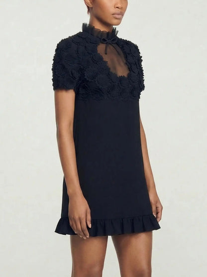 Floral Appliqué Sheer Yoke Mini Dress - Dresses
