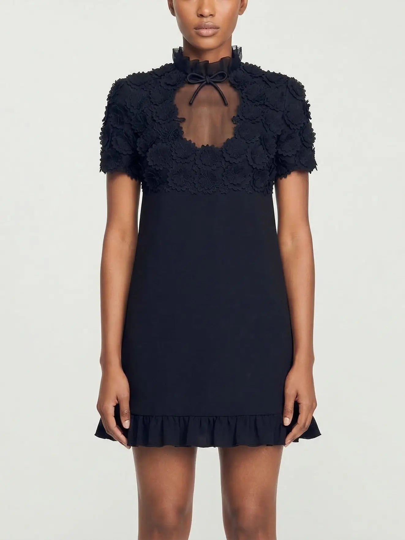 Floral Appliqué Sheer Yoke Mini Dress - Dresses
