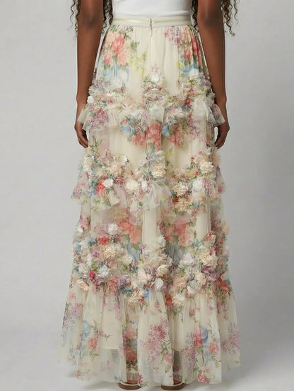 Floral Appliqué Tiered Tulle Maxi Skirt - Skirts