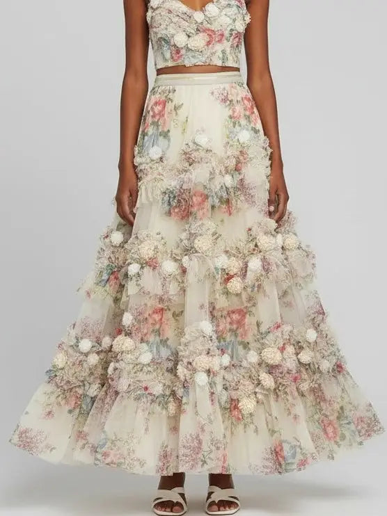 Floral Appliqué Tiered Tulle Maxi Skirt - Skirts