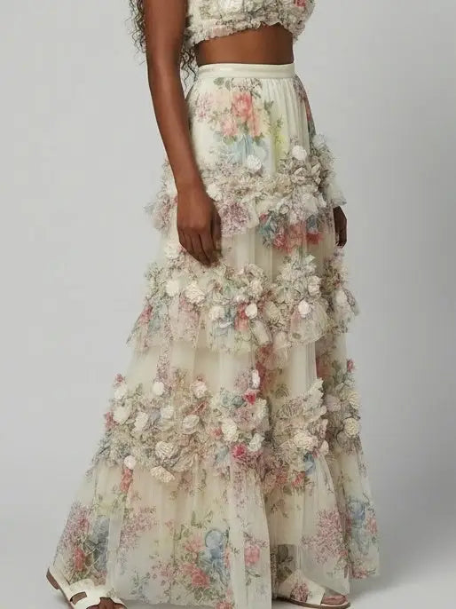 Floral Appliqué Tiered Tulle Maxi Skirt - Skirts
