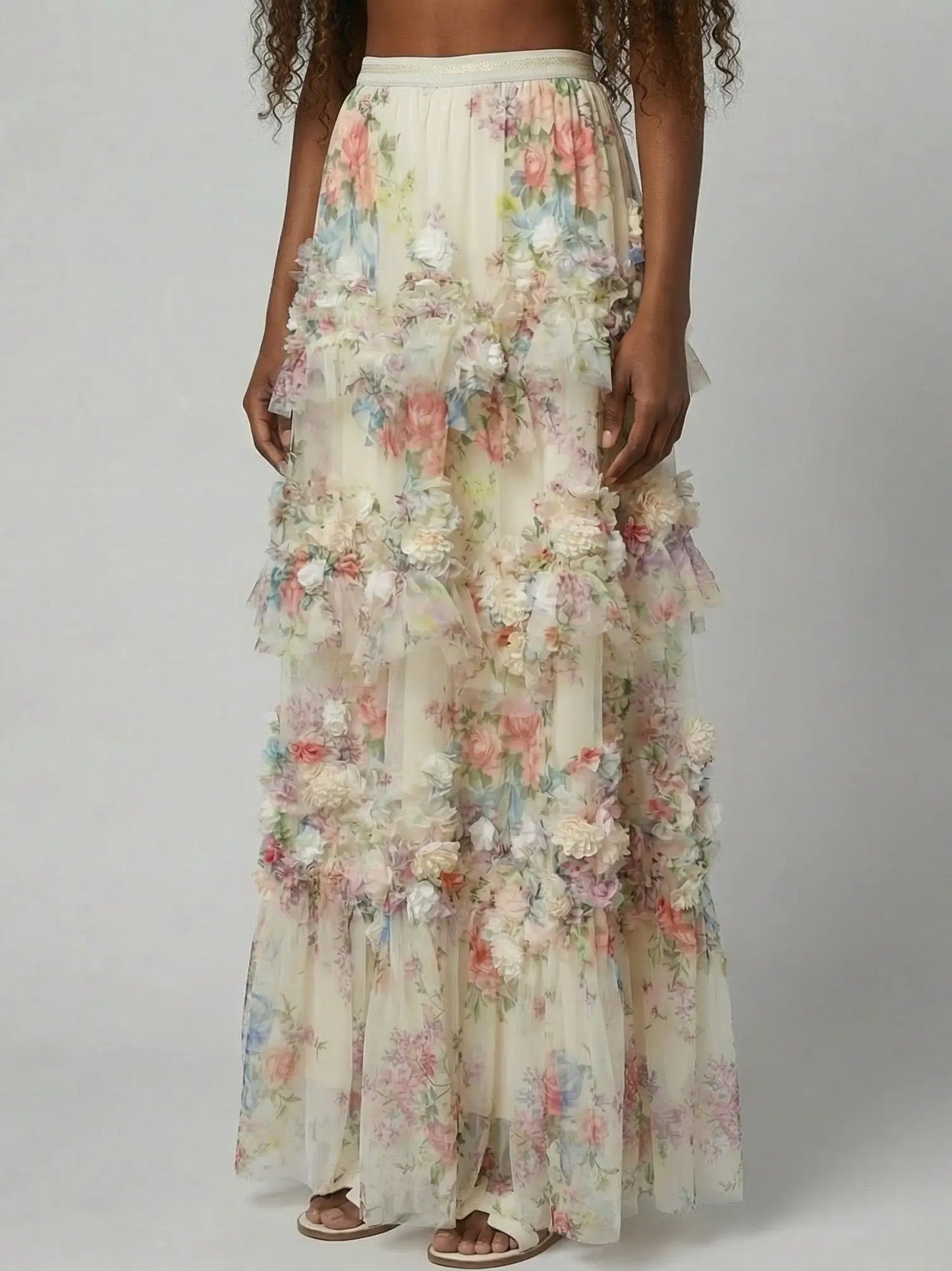 Floral Appliqué Tiered Tulle Maxi Skirt - Skirts