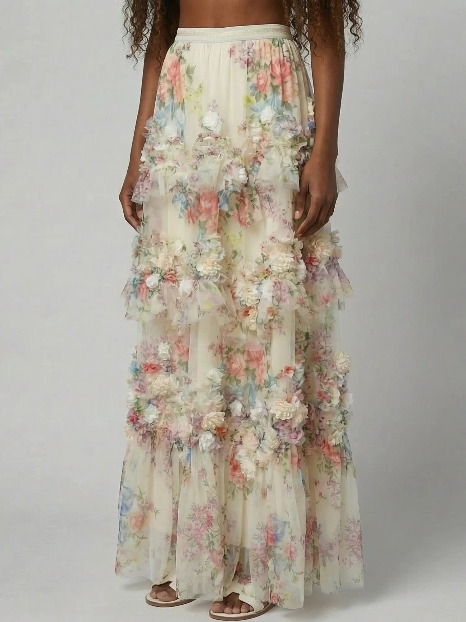 Floral Appliqué Tiered Tulle Maxi Skirt - Skirts