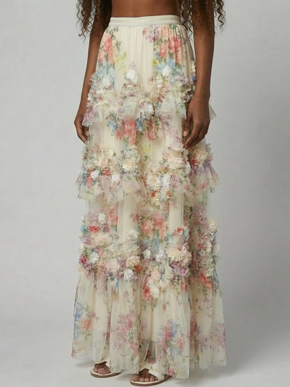 Floral Appliqué Tiered Tulle Maxi Skirt - Skirts