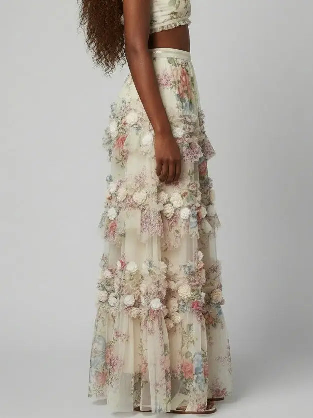 Floral Appliqué Tiered Tulle Maxi Skirt - Skirts