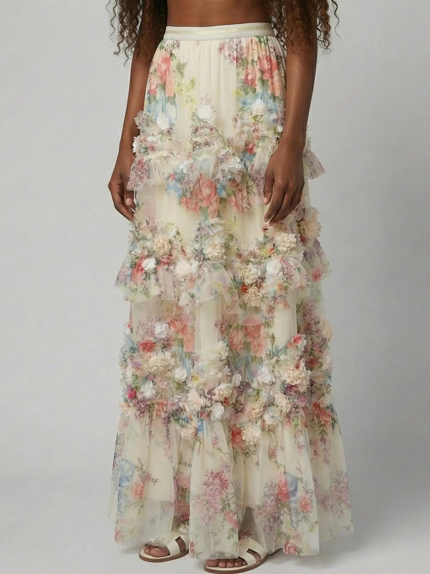 Floral Appliqué Tiered Tulle Maxi Skirt - Skirts