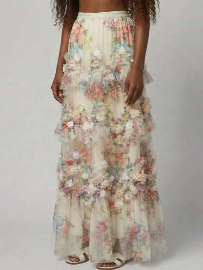Floral Appliqué Tiered Tulle Maxi Skirt - Skirts