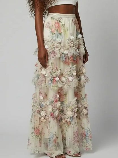 Floral Appliqué Tiered Tulle Maxi Skirt - Skirts