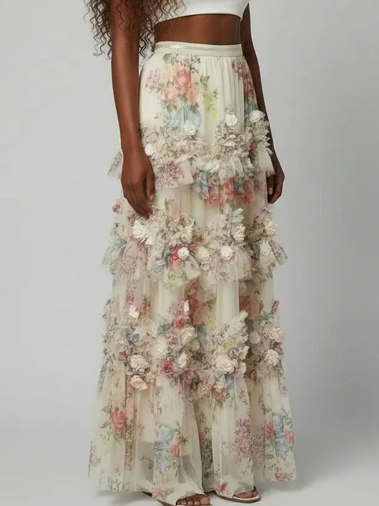 Floral Appliqué Tiered Tulle Maxi Skirt - Skirts