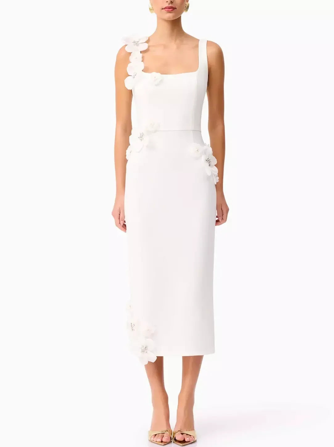 Floral Appliqued Sleeveless Pencil Dress S / White Dresses