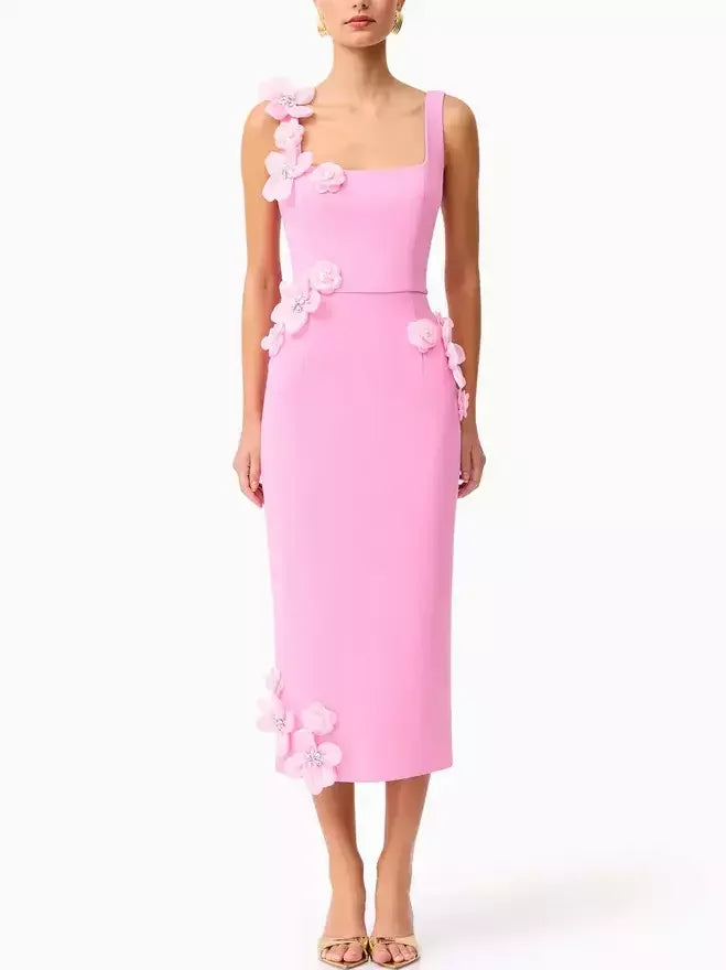Floral Appliqued Sleeveless Pencil Dress S / Pink Dresses
