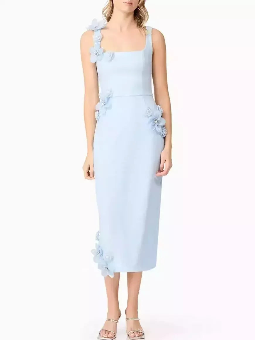 Floral Appliqued Sleeveless Pencil Dress Dresses