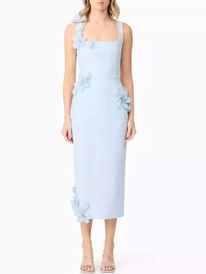 Floral Appliqued Sleeveless Pencil Dress S / Light Blue Dresses