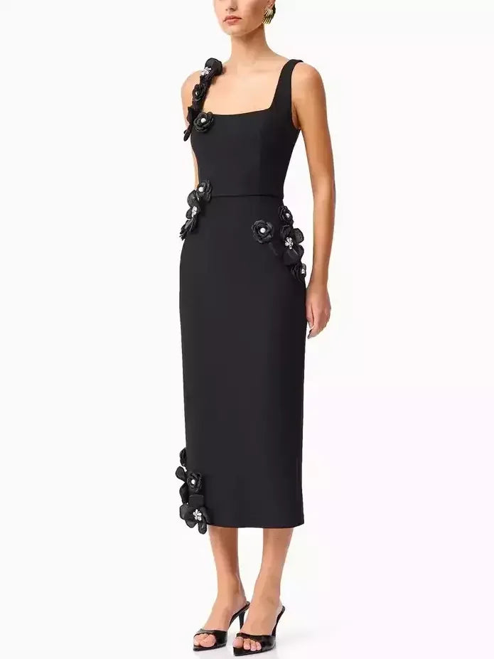 Floral Appliqued Sleeveless Pencil Dress Dresses