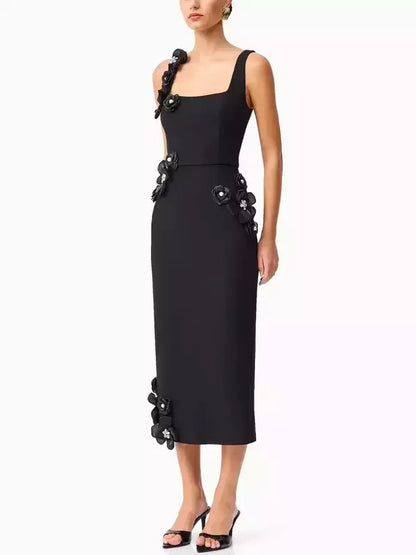 Floral Appliqued Sleeveless Pencil Dress Dresses
