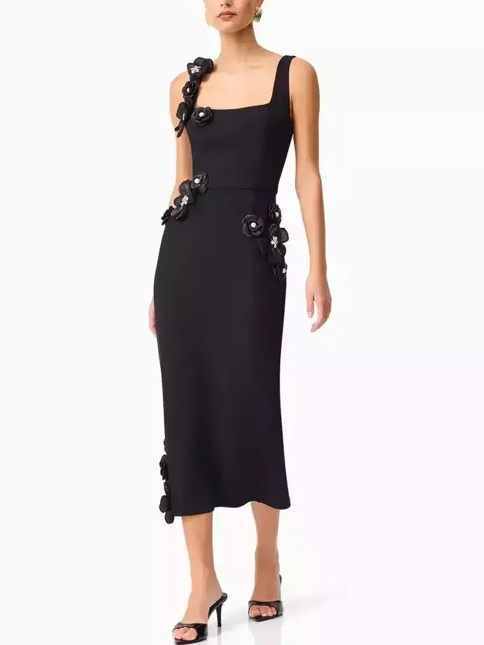 Floral Appliqued Sleeveless Pencil Dress Dresses