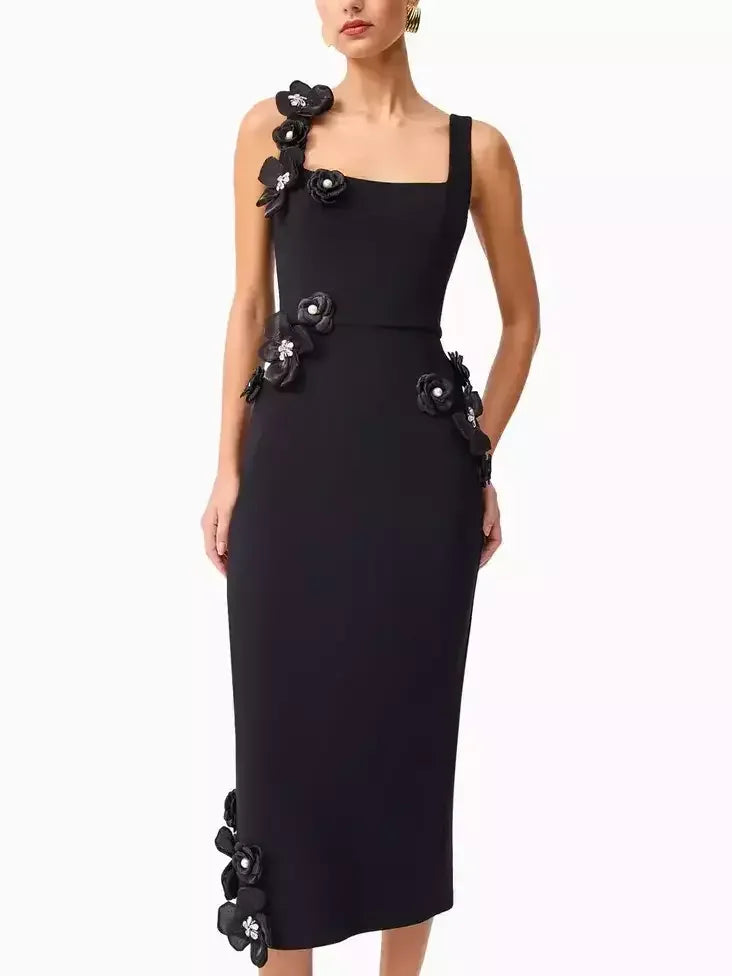 Floral Appliqued Sleeveless Pencil Dress Dresses