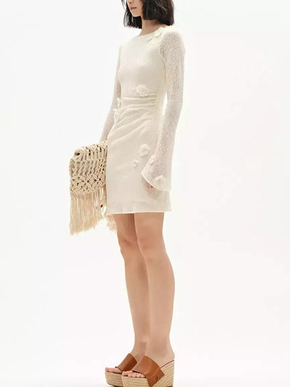 Floral Appliqued Wool-Blend Mini Dress - Dresses