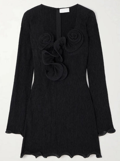 Floral Appliques Crepe Mini Dress - Dresses