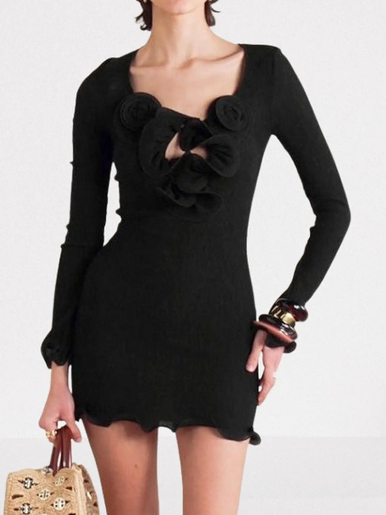 Floral Appliques Crepe Mini Dress - Small / Black - Dresses