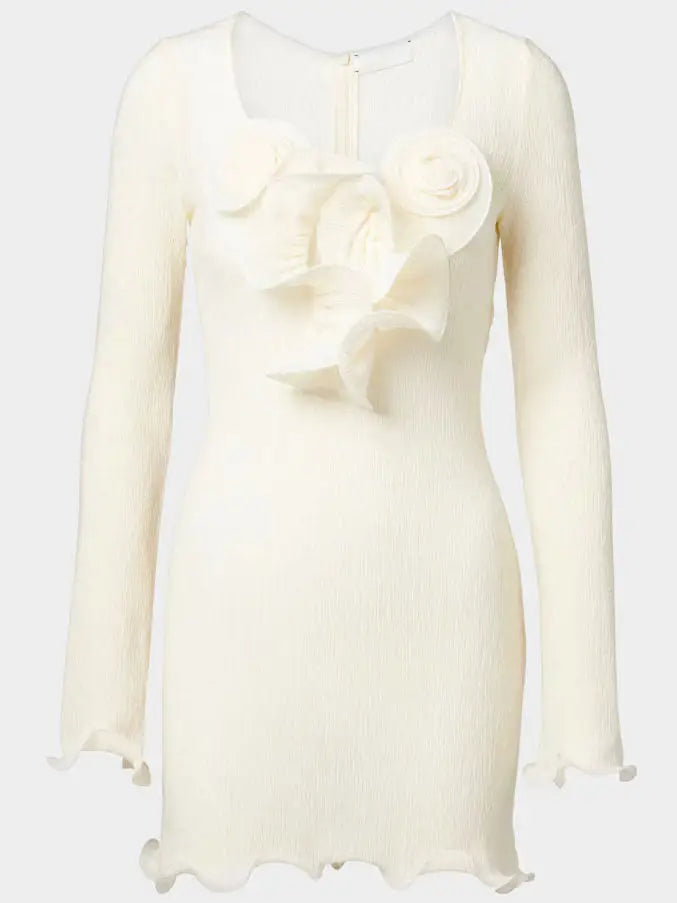 Floral Appliques Crepe Mini Dress - Dresses
