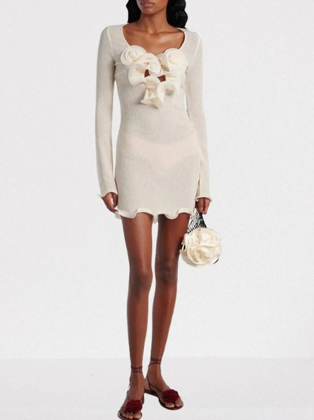Floral Appliques Crepe Mini Dress - Dresses