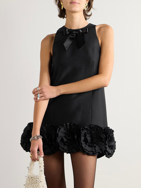 Floral Appliques Embellished Halter Mini Dress in Black with Bow Branna Couture