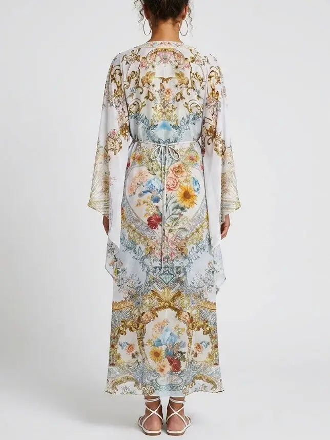 Floral Baroque Crystal-Embellished Silk Kaftan Dress - Dresses