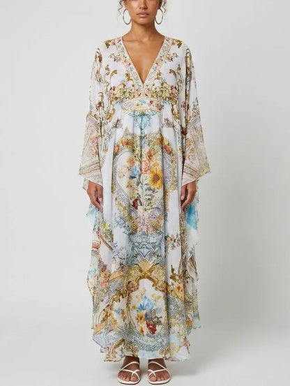 Floral Baroque Crystal-Embellished Silk Kaftan Dress - Dresses