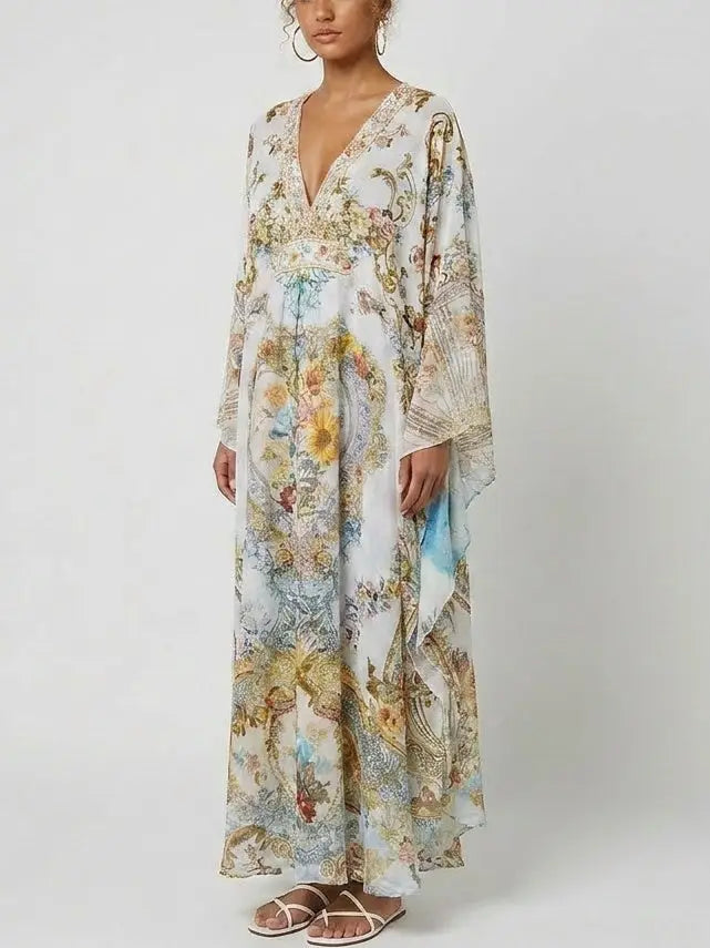 Floral Baroque Crystal-Embellished Silk Kaftan Dress - Dresses