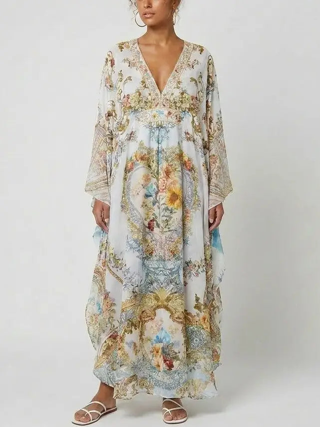Floral Baroque Crystal-Embellished Silk Kaftan Dress - Dresses