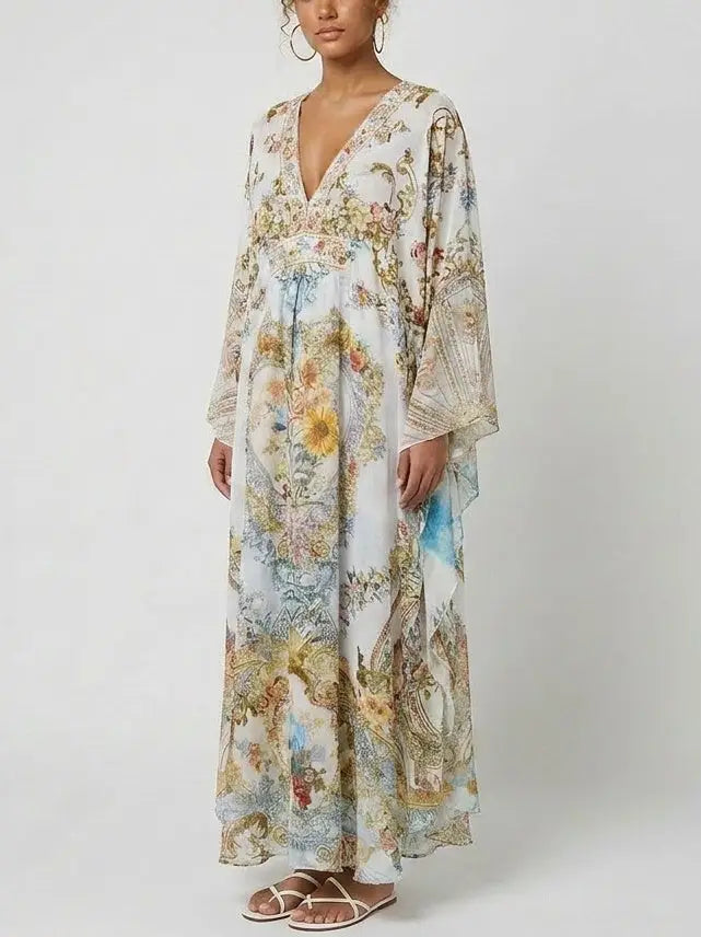 Floral Baroque Crystal-Embellished Silk Kaftan Dress - Dresses