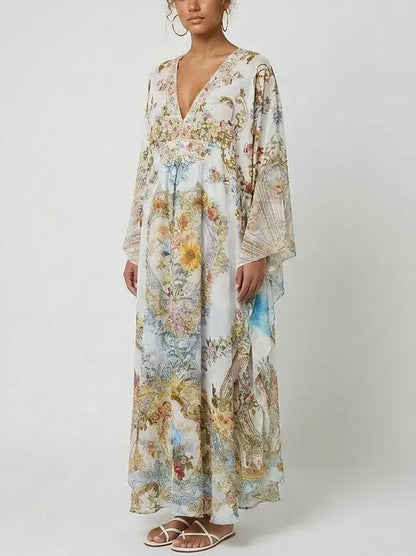 Floral Baroque Crystal-Embellished Silk Kaftan Dress - Dresses