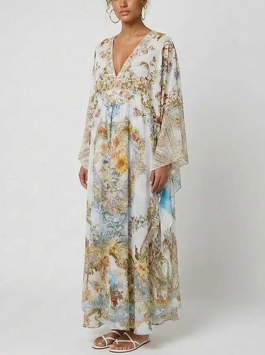 Floral Baroque Crystal-Embellished Silk Kaftan Dress - Dresses