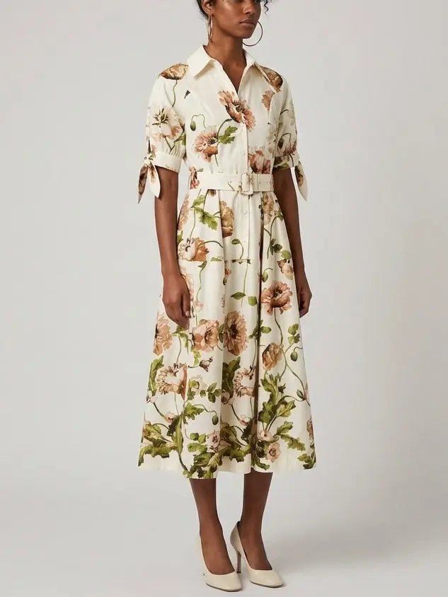 Floral Belted Cream Cotton Midi Shirt Dress - Dresses