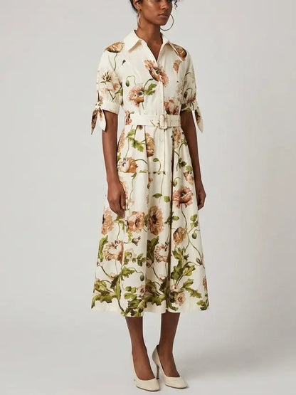 Floral Belted Cream Cotton Midi Shirt Dress - Dresses