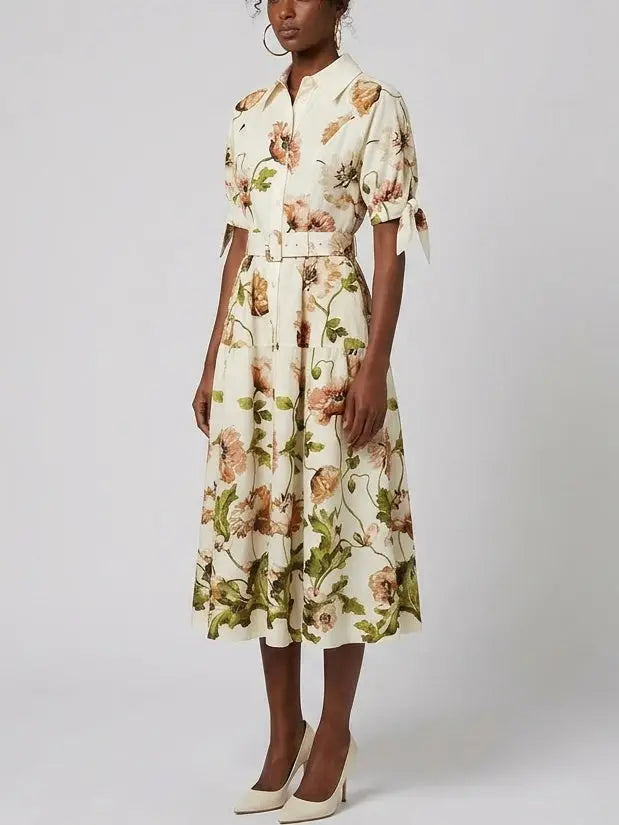 Floral Belted Cream Cotton Midi Shirt Dress - Dresses