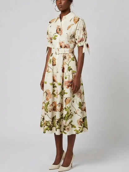Floral Belted Cream Cotton Midi Shirt Dress - Dresses