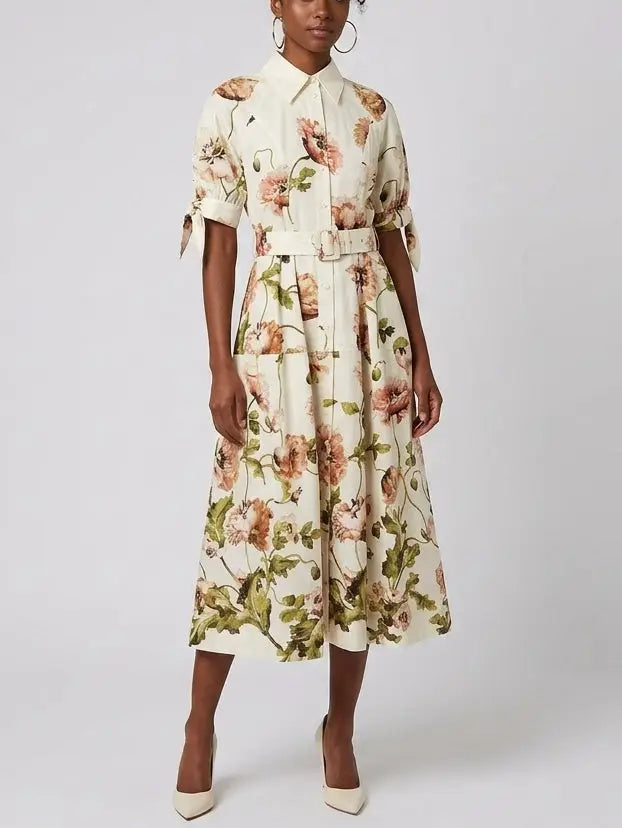 Floral Belted Cream Cotton Midi Shirt Dress - Dresses