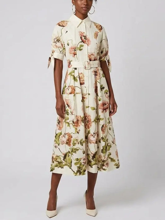 Floral Belted Cream Cotton Midi Shirt Dress - Dresses