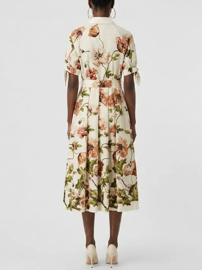 Floral Belted Cream Cotton Midi Shirt Dress - Dresses