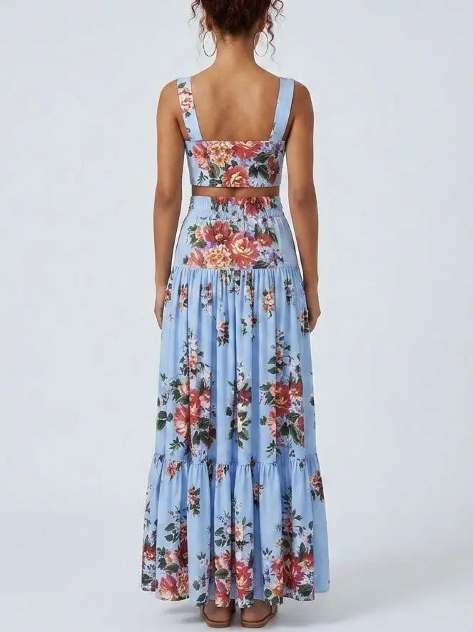 Floral Bouquet Blue Crop Top and Maxi Skirt Set - Suits & Sets