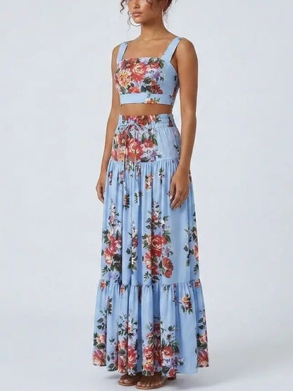 Floral Bouquet Blue Crop Top and Maxi Skirt Set - Suits & Sets