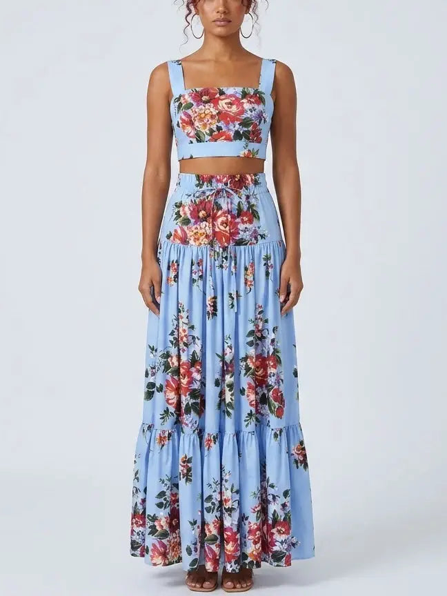 Floral Bouquet Blue Crop Top and Maxi Skirt Set - Suits & Sets