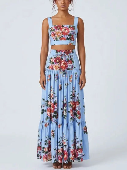 Floral Bouquet Blue Crop Top and Maxi Skirt Set - Suits & Sets